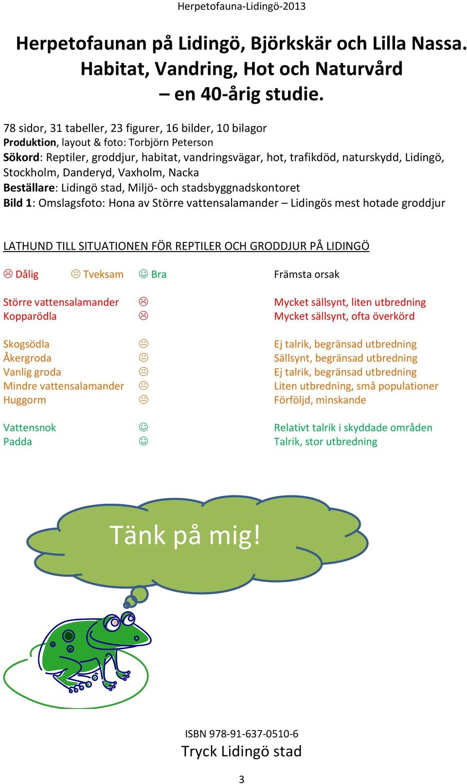 Stockholm, Danderyd, Vaxholm, Nacka Beställare: Lidingö stad, Miljö- och stadsbyggnadskontoret Bild 1: Omslagsfoto: Hona av Större vattensalamander Lidingös mest hotade groddjur LATHUND TILL