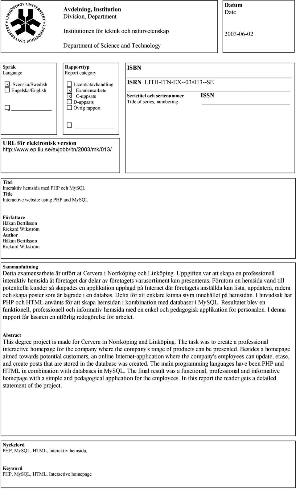 elektronisk version http://www.ep.liu.