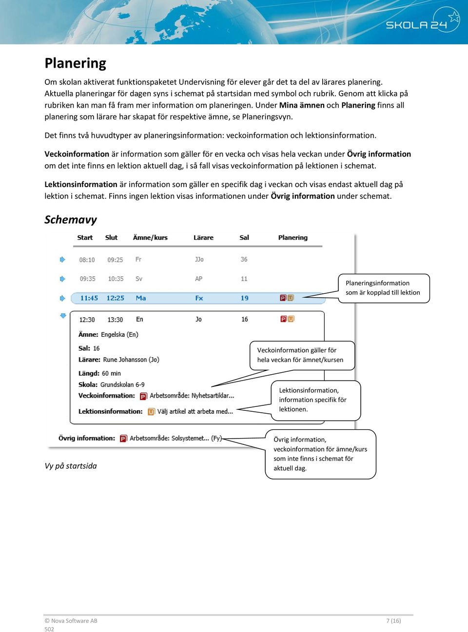 Det finns två huvudtyper av planeringsinformation: veckoinformation och lektionsinformation.