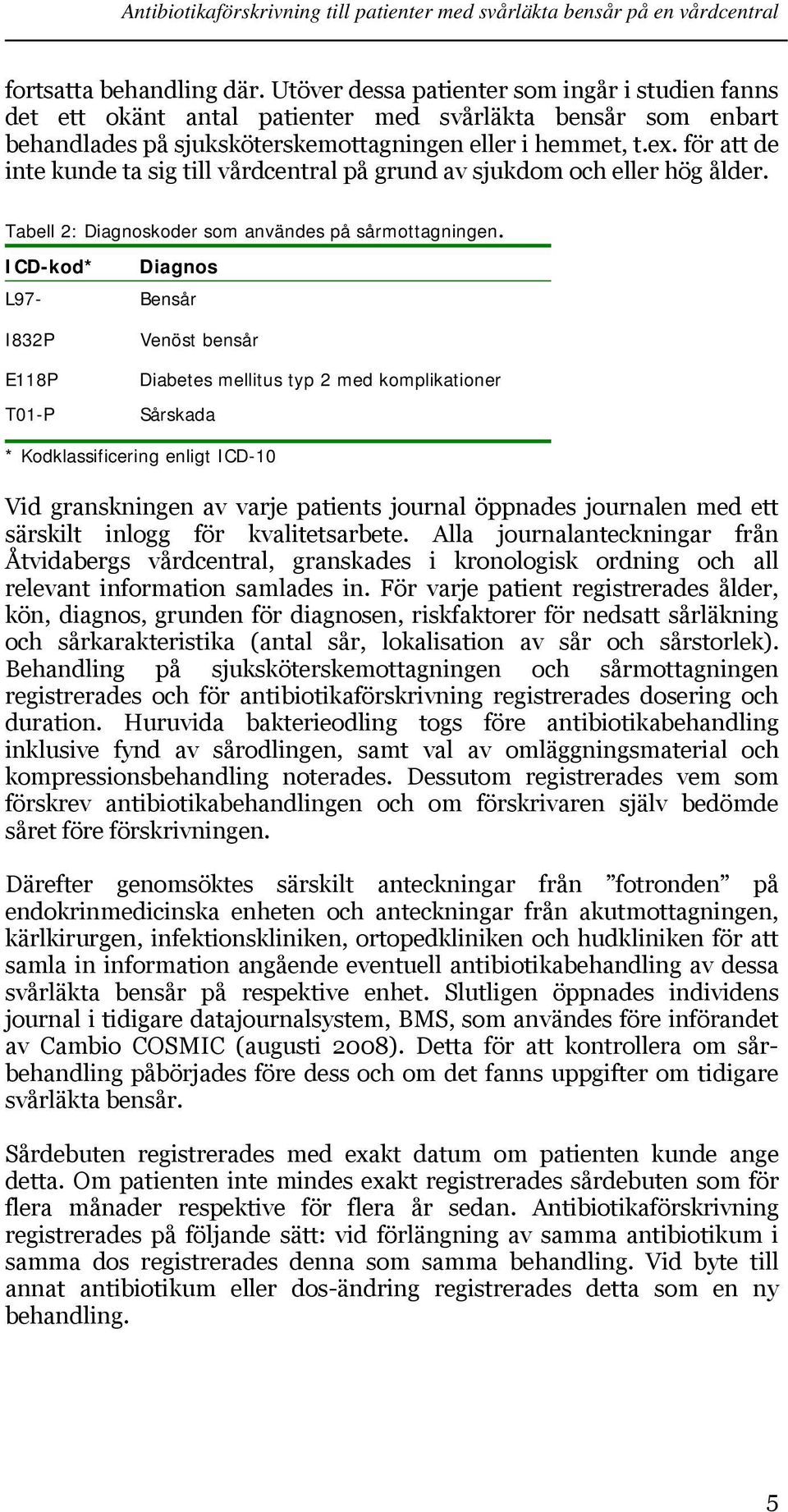 ICD-kod* Diagnos L97- Bensår I832P E118P T01-P Venöst bensår Diabetes mellitus typ 2 med komplikationer Sårskada * Kodklassificering enligt ICD-10 Vid granskningen av varje patients journal öppnades