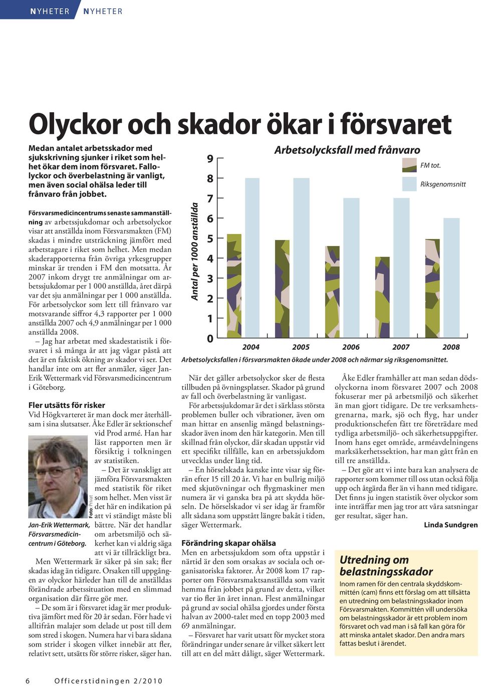 Försvarsmedicincentrums senaste sammanställning av arbetssjukdomar och arbetsolyckor visar att anställda inom Försvarsmakten (FM) skadas i mindre utsträckning jämfört med arbetstagare i riket som