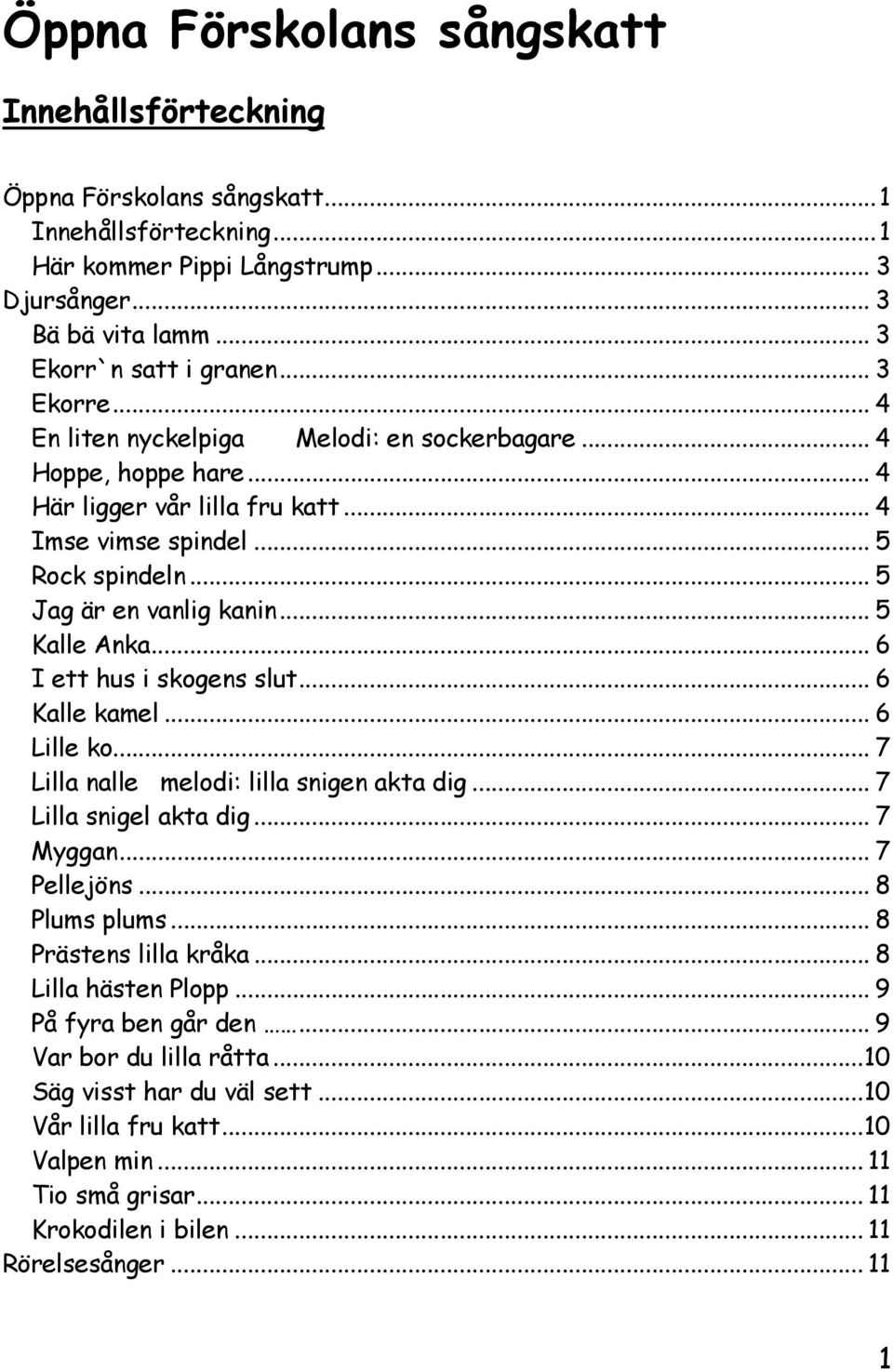 .. 5 Kalle Anka... 6 I ett hus i skogens slut... 6 Kalle kamel... 6 Lille ko... 7 Lilla nalle melodi: lilla snigen akta dig... 7 Lilla snigel akta dig... 7 Myggan... 7 Pellejöns... 8 Plums plums.