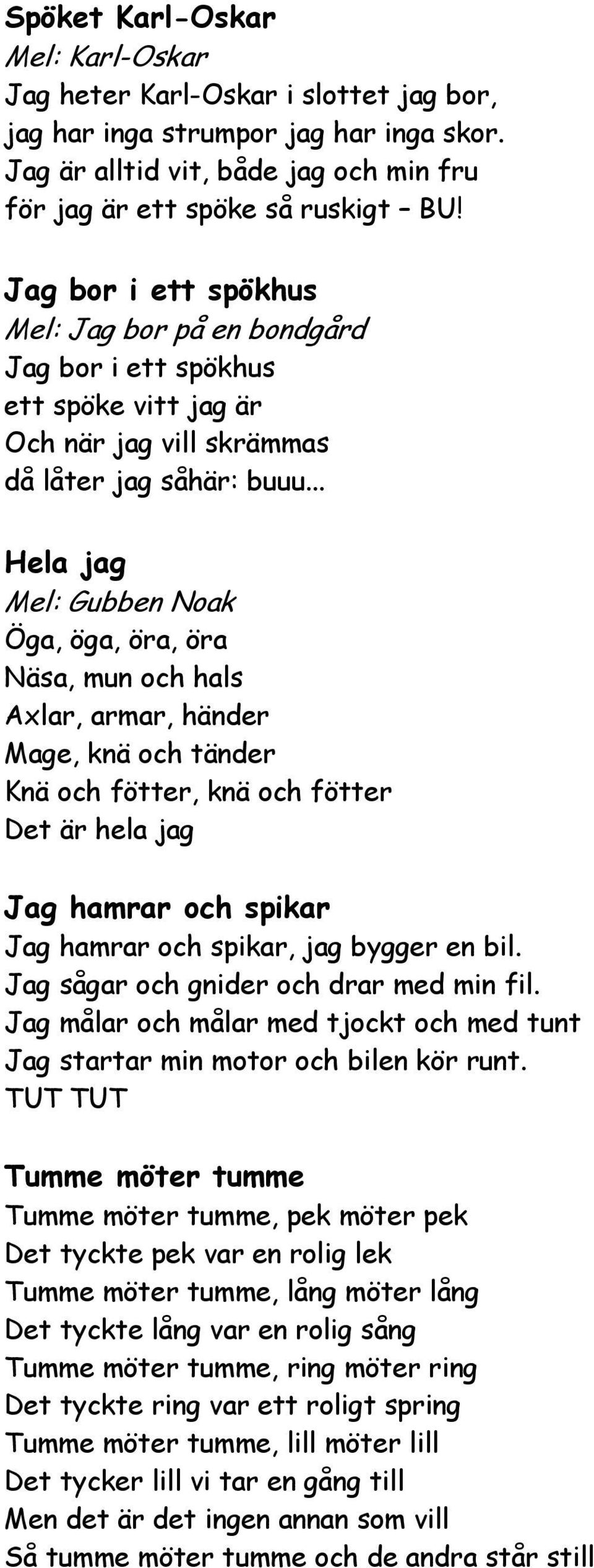 .. Hela jag Mel: Gubben Noak Öga, öga, öra, öra Näsa, mun och hals Axlar, armar, händer Mage, knä och tänder Knä och fötter, knä och fötter Det är hela jag Jag hamrar och spikar Jag hamrar och