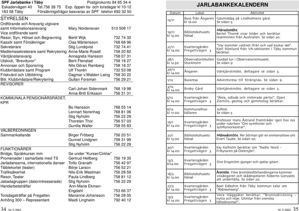 ordförande samt Resor, Syn, Hörsel och Begravning Bertil Wijk 732 74 32 Kassör samt Försäkringar Clas Mårtensson 768 68 96 Sekreterare Stig Lundqvist 732 74 41 Medlemssekreterare samt Rekrytering