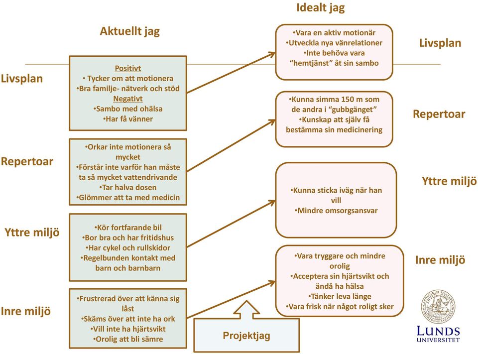 han måste ta så mycket vattendrivande Tar halva dosen Glömmer att ta med medicin Kunna sticka iväg när han vill Mindre omsorgsansvar Yttre miljö Yttre miljö Inre miljö Kör fortfarande bil Bor bra och