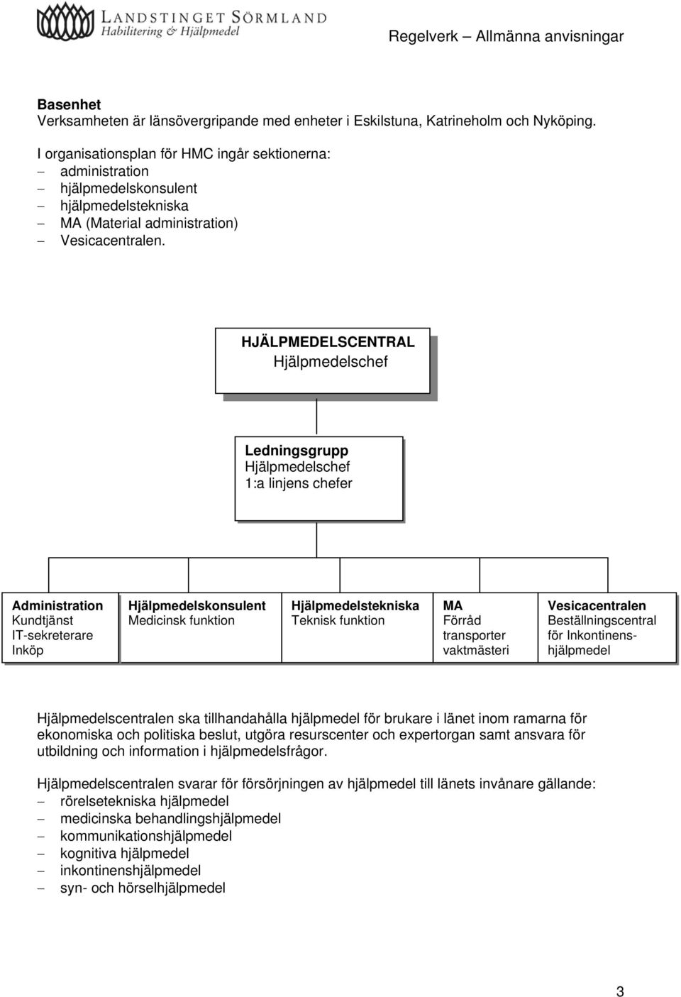 HJÄLPMEDELSCENTRAL Hjälpmedelschef Ledningsgrupp Hjälpmedelschef 1:a linjens chefer Administration Kundtjänst IT-sekreterare Inköp Hjälpmedelskonsulent Medicinsk funktion Hjälpmedelstekniska Teknisk