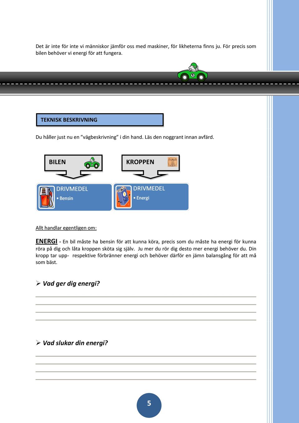 BILEN KROPPEN Allt handlar egentligen om: ENERGI - En bil måste ha bensin för att kunna köra, precis som du måste ha energi för kunna röra på dig och låta