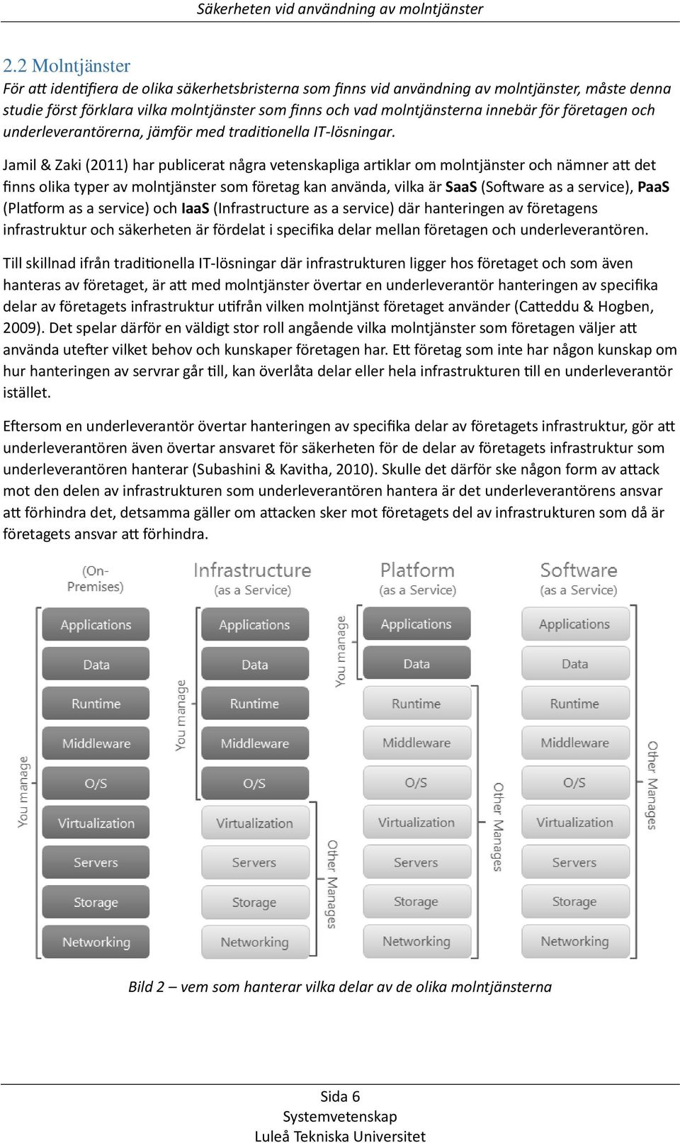 Jamil & Zaki (2011) har publicerat några vetenskapliga artiklar om molntjänster och nämner att det finns olika typer av molntjänster som företag kan använda, vilka är SaaS (Software as a service),