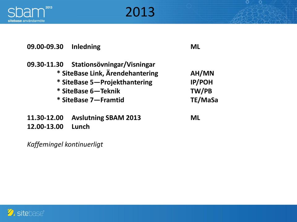 * SiteBase 5 Projekthantering IP/POH * SiteBase 6 Teknik TW/PB *