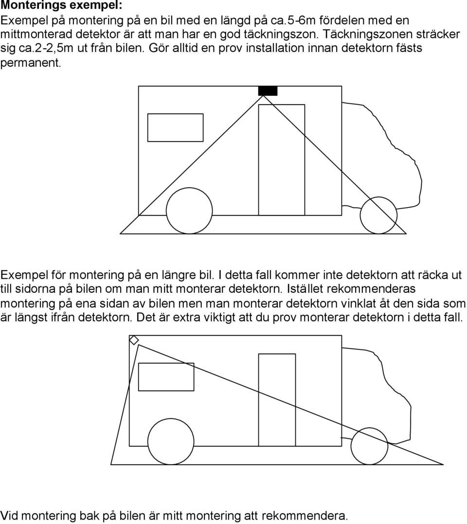 I detta fall kommer inte detektorn att räcka ut till sidorna på bilen om man mitt monterar detektorn.