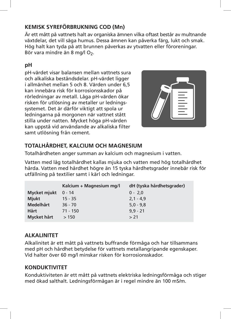 ph-värdet ligger i allmänhet mellan 5 och 8. Värden under 6,5 kan innebära risk för korrosionsskador på rörledningar av metall.