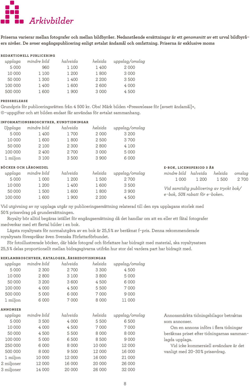 Priserna är exklusive moms redaktionell publicering upplaga mindre bild halvsida helsida uppslag/omslag 5 000 960 1 100 1 400 2 000 10 000 1 100 1 200 1 800 3 000 50 000 1 300 1 400 2 200 3 500 100