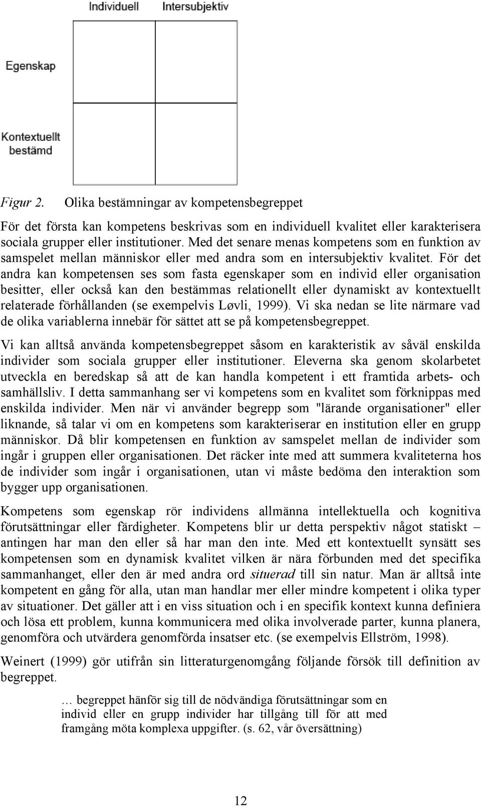 För det andra kan kompetensen ses som fasta egenskaper som en individ eller organisation besitter, eller också kan den bestämmas relationellt eller dynamiskt av kontextuellt relaterade förhållanden