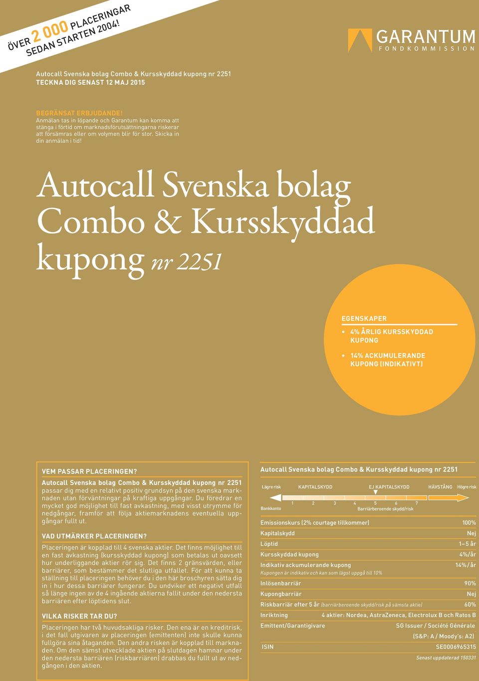 Autocall Svenska bolag Combo & Kursskyddad kupong nr 2251 EGENSKAPER 4% ÅRLIG KURSSKYDDAD KUPONG 14% ACKUMULERANDE KUPONG (INDIKATIVT) VEM PASSAR PLACERINGEN?