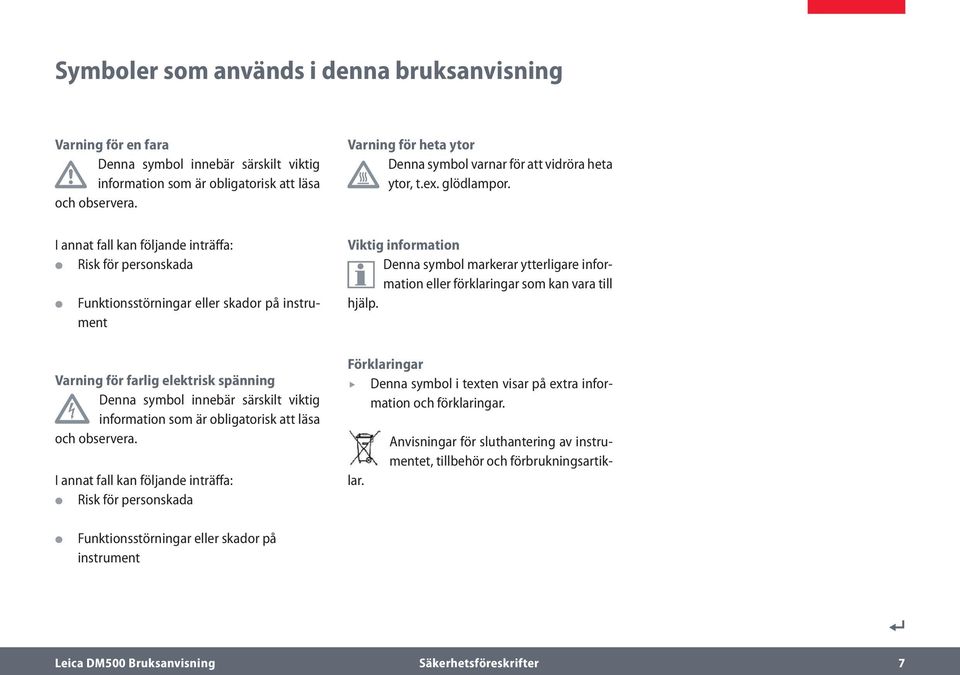 I annat fall kan följande inträffa: Risk för personskada Funktionsstörningar eller skador på instrument Viktig information Denna symbol markerar ytterligare information eller förklaringar som kan