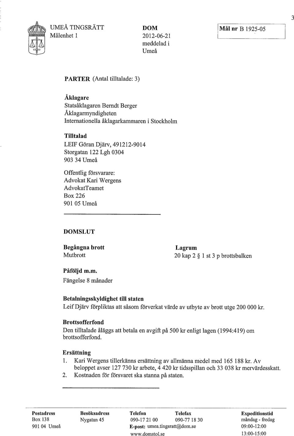 Lagrum 20 kap 2 1 st 3 p brottsbalken Påföljd m.m. Fängelse 8 månader Betalningsskyldighet till staten Leif Djärv förpliktas att såsom förverkat värde av utbyte av brott utge 200 000 kr.