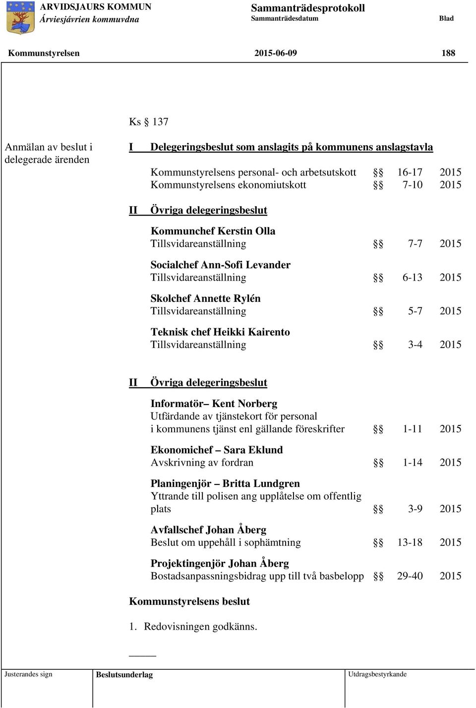 215 Socialchef Ann-Sofi Levander Tillsvidareanställning 6-13 215 Skolchef Annette Rylén Tillsvidareanställning 5-7 215 Teknisk chef Heikki Kairento Tillsvidareanställning 3-4 215 II Övriga