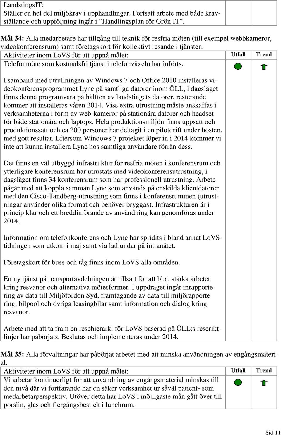 Aktiviteter inom LoVS för att uppnå målet: Utfall Trend Telefonmöte som kostnadsfri tjänst i telefonväxeln har införts.