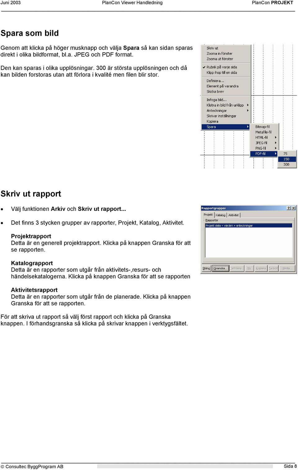 .. Det finns 3 stycken grupper av rapporter, Projekt, Katalog, Aktivitet. Projektrapport Detta är en generell projektrapport. Klicka på knappen Granska för att se rapporten.