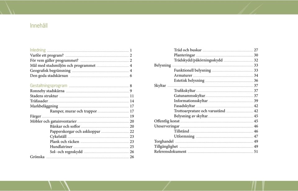 trappor 17 Färger 19 Möbler och gatuinventarier 20 Bänkar och soffor 20 Papperskorgar och askkoppar 22 Cykelställ 23 Plank och räcken 23 Hundlatriner 25 Sol- och regnskydd 26 Grönska 26 Träd och