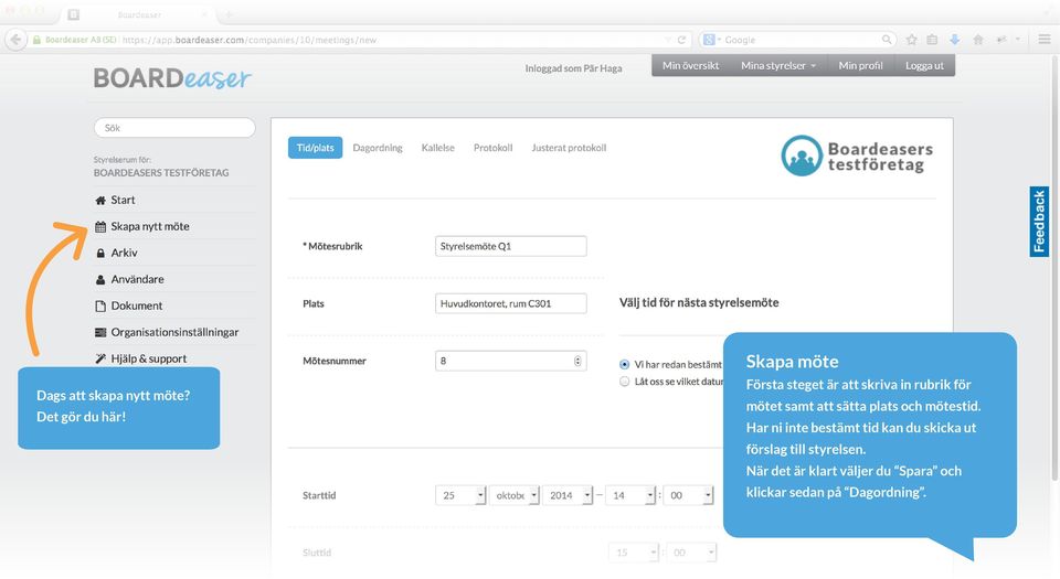 att sätta plats och mötestid.