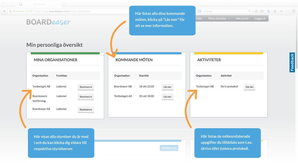 Här visas alla styrelser du är med i och du kan klicka dig vidare