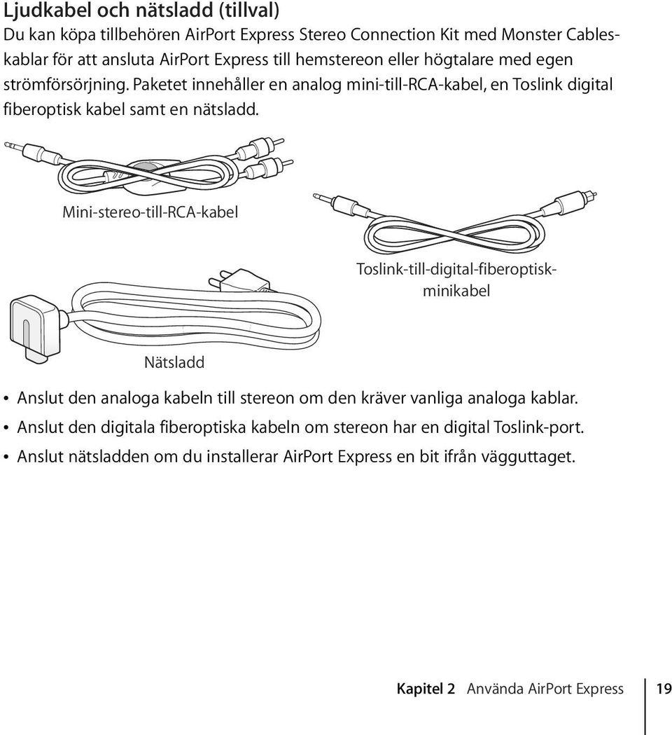 Mini-stereo-till-RCA-kabel Toslink-till-digital-fiberoptiskminikabel Nätsladd Â Anslut den analoga kabeln till stereon om den kräver vanliga analoga kablar.