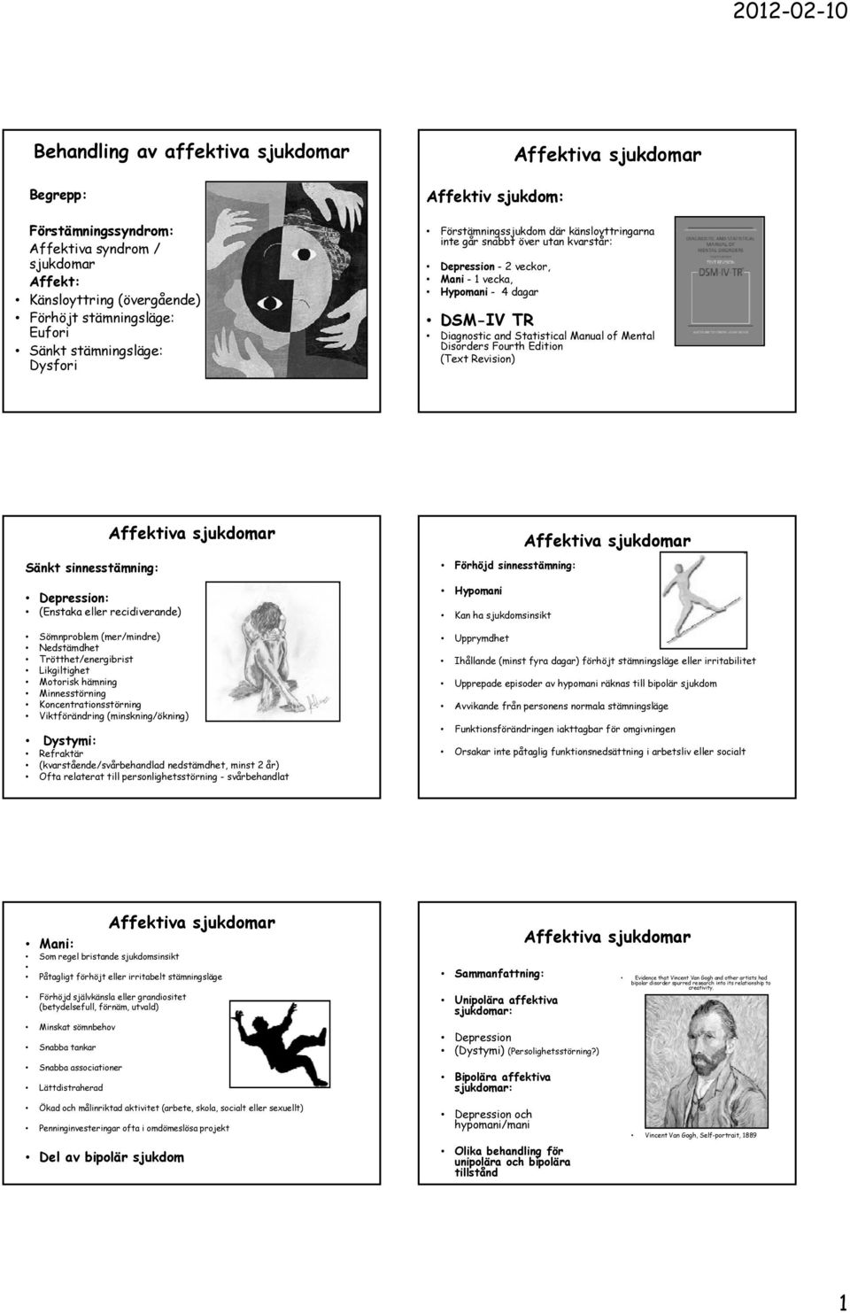 Statistical Manual of Mental Disorders Fourth Edition (Tet Revision) Sänkt sinnesstämning: Depression: (Enstaka eller recidiverande) Affektiva sjukdomar Sömnproblem (mer/mindre) Nedstämdhet