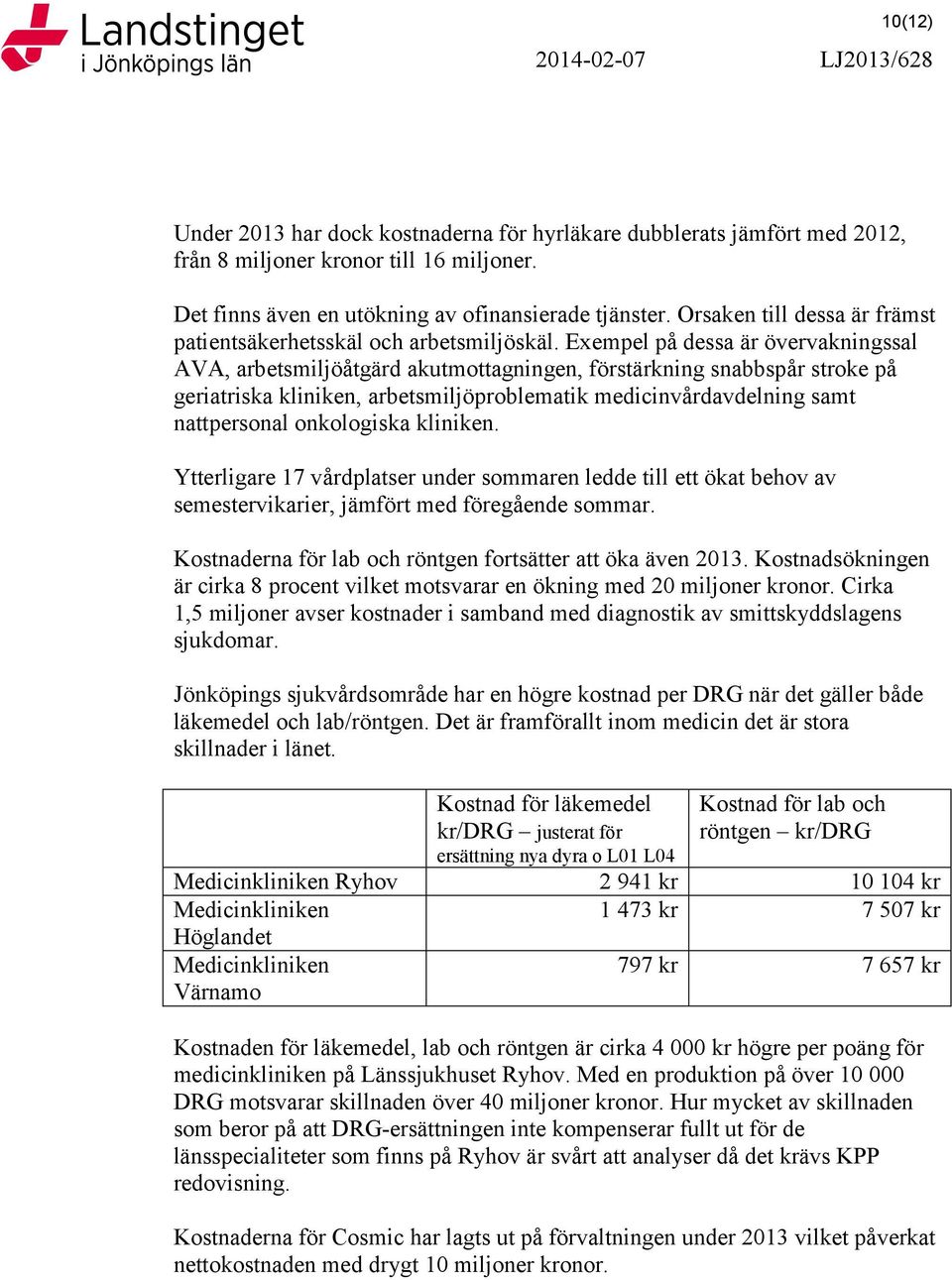 Exempel på dessa är övervakningssal AVA, arbetsmiljöåtgärd akutmottagningen, förstärkning snabbspår stroke på geriatriska kliniken, arbetsmiljöproblematik medicinvårdavdelning samt nattpersonal