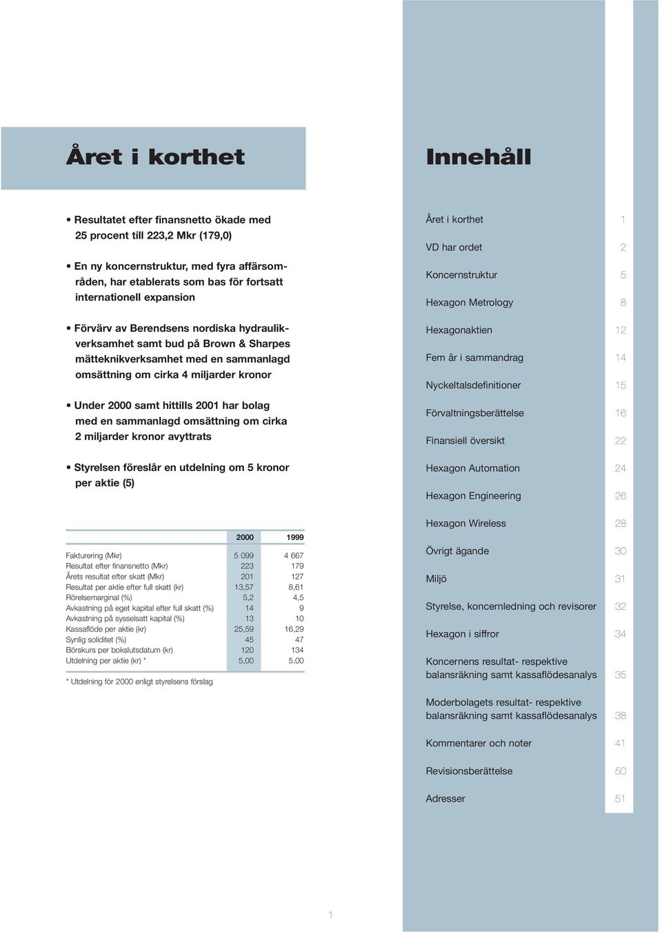 bolag med en sammanlagd omsättning om cirka 2 miljarder kronor avyttrats Styrelsen föreslår en utdelning om 5 kronor per aktie (5) Året i korthet 1 VD har ordet 2 Koncernstruktur 5 Hexagon Metrology