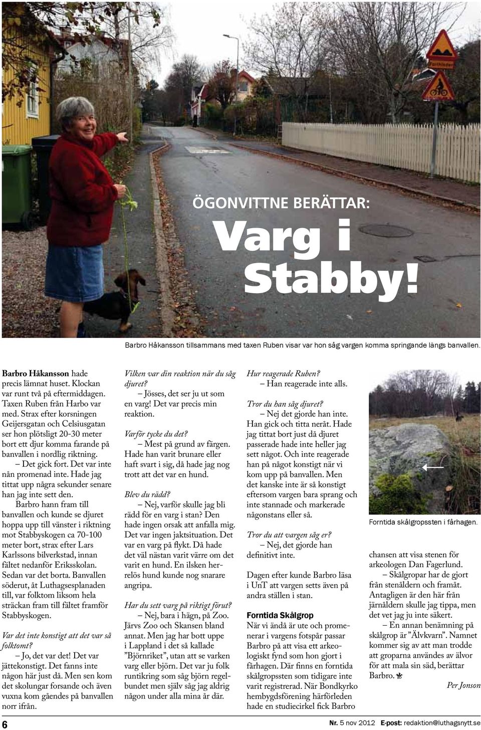 Strax efter korsningen Geijersgatan och Celsiusgatan ser hon plötsligt 20-30 meter bort ett djur komma farande på banvallen i nordlig riktning. Det gick fort. Det var inte nån promenad inte.