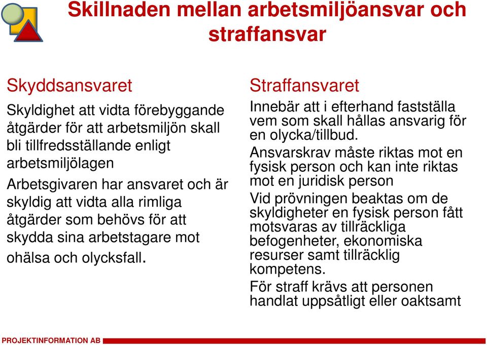 Straffansvaret Innebär att i efterhand fastställa vem sm skall hållas ansvarig för en lycka/tillbud.
