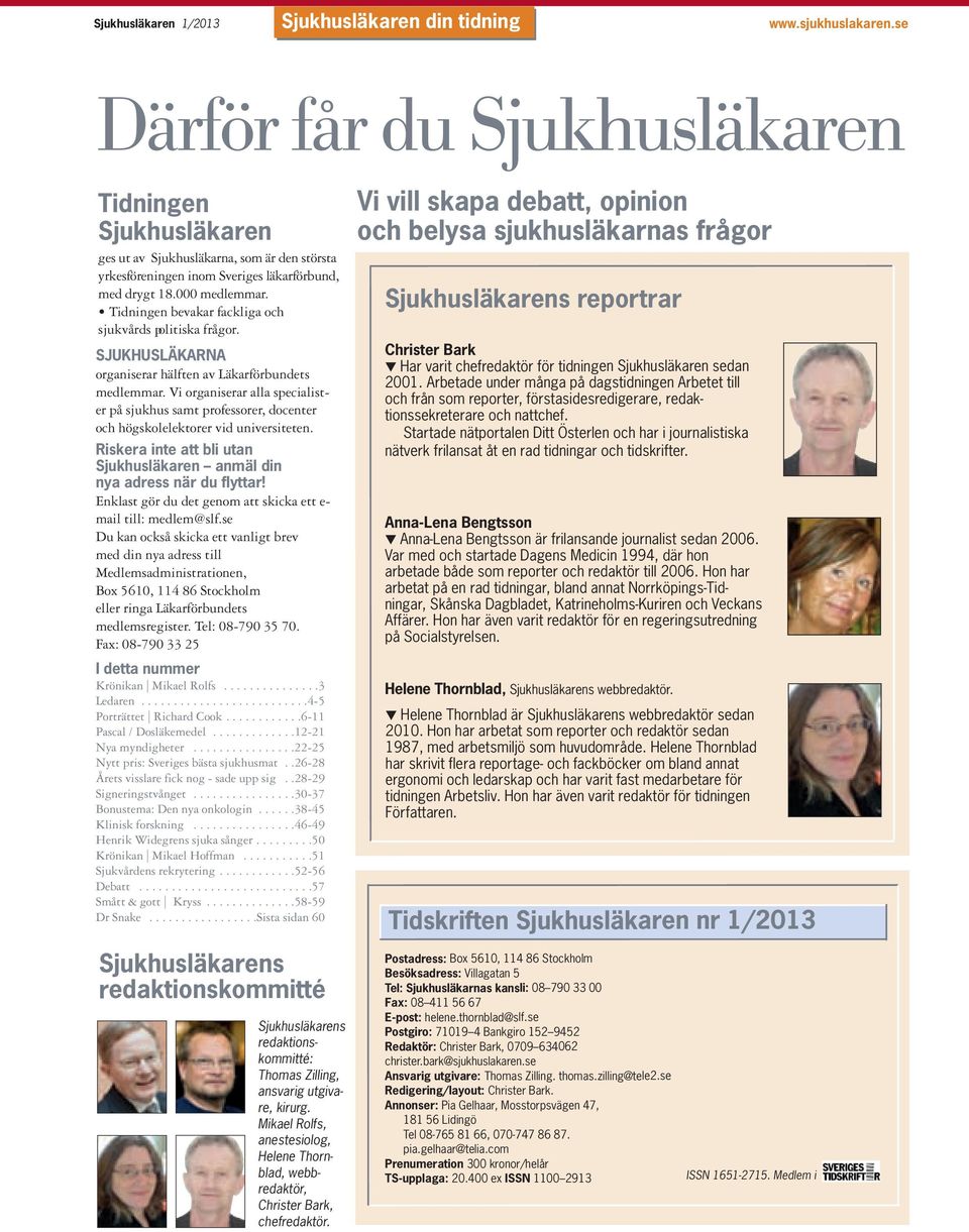 Tidningen bevakar fackliga och sjukvårds politiska frågor. SJUKHUSLÄKARNA organiserar hälften av Läkarförbundets medlemmar.