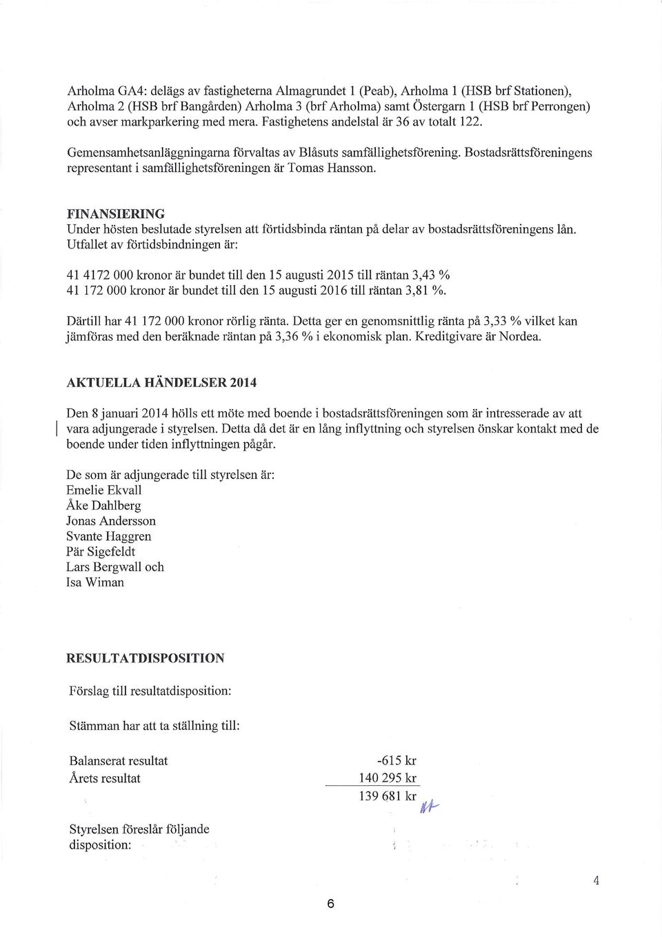 Bostadsrättsföreningens representant i samfällighetsföreningen är Tomas Hansson. FINANSIERING Under hösten beslutade styrelsen att förtidsbinda räntan på delar av bostadsrättsföreningens lån.