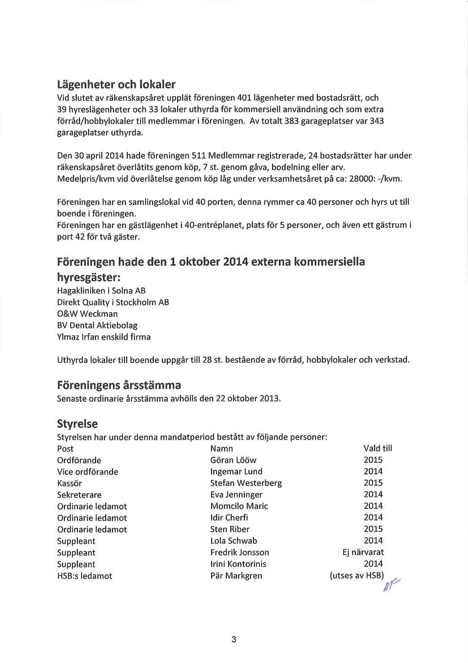 Den 30 april 2014 hade föreningen 511 Medlemmar registrerade, 24 bostadsrätter har under räkenskapsåret överlåtits genom köp, 7 st. genom gåva, bodelning eller arv.