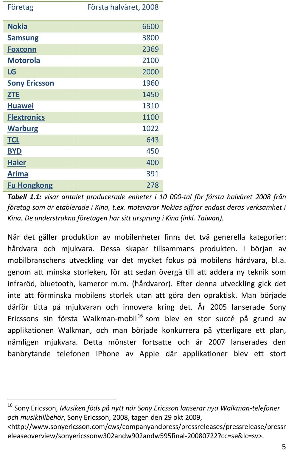 De understrukna företagen har sitt ursprung i Kina (inkl. Taiwan). När det gäller produktion av mobilenheter finns det två generella kategorier: hårdvara och mjukvara.