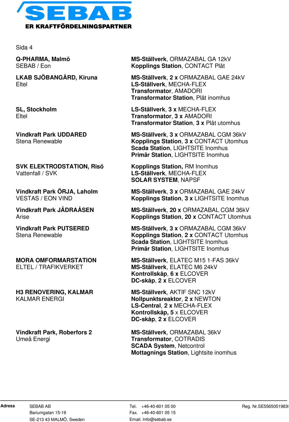 Station, CONTACT Plåt MS-Ställverk, 2 x ORMAZABAL GAE 24kV Transformator, AMADORI Transformator Station, Plåt inomhus LS-Ställverk, 3 x MECHA-FLEX Transformator, 3 x AMADORI Transformator Station, 3