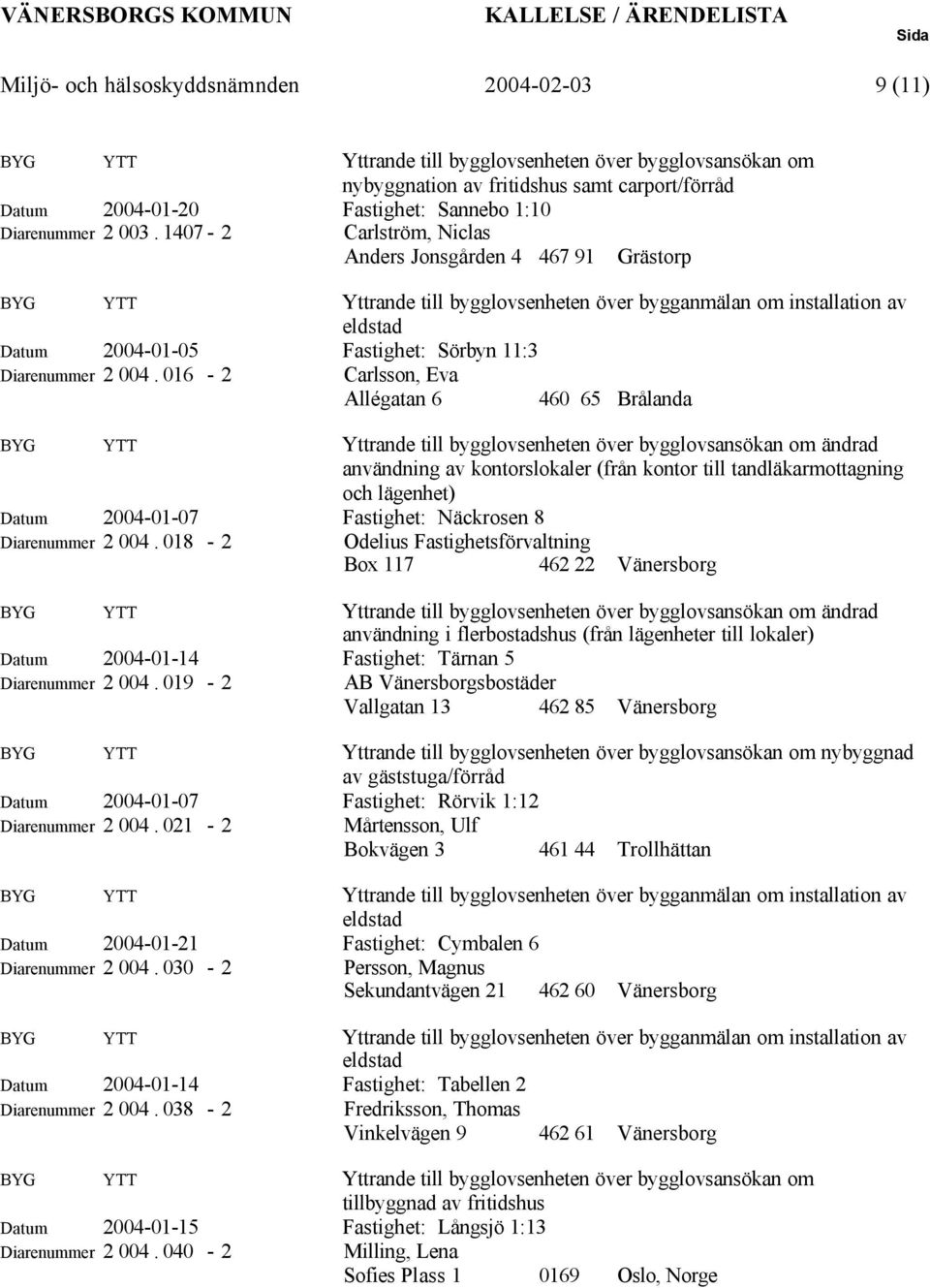 1407-2 Carlström, Niclas Anders Jonsgården 4 467 91 Grästorp BYG YTT Yttrande till bygglovsenheten över bygganmälan om installation av eldstad Datum 2004-01-05 Fastighet: Sörbyn 11:3 Diarenummer 2