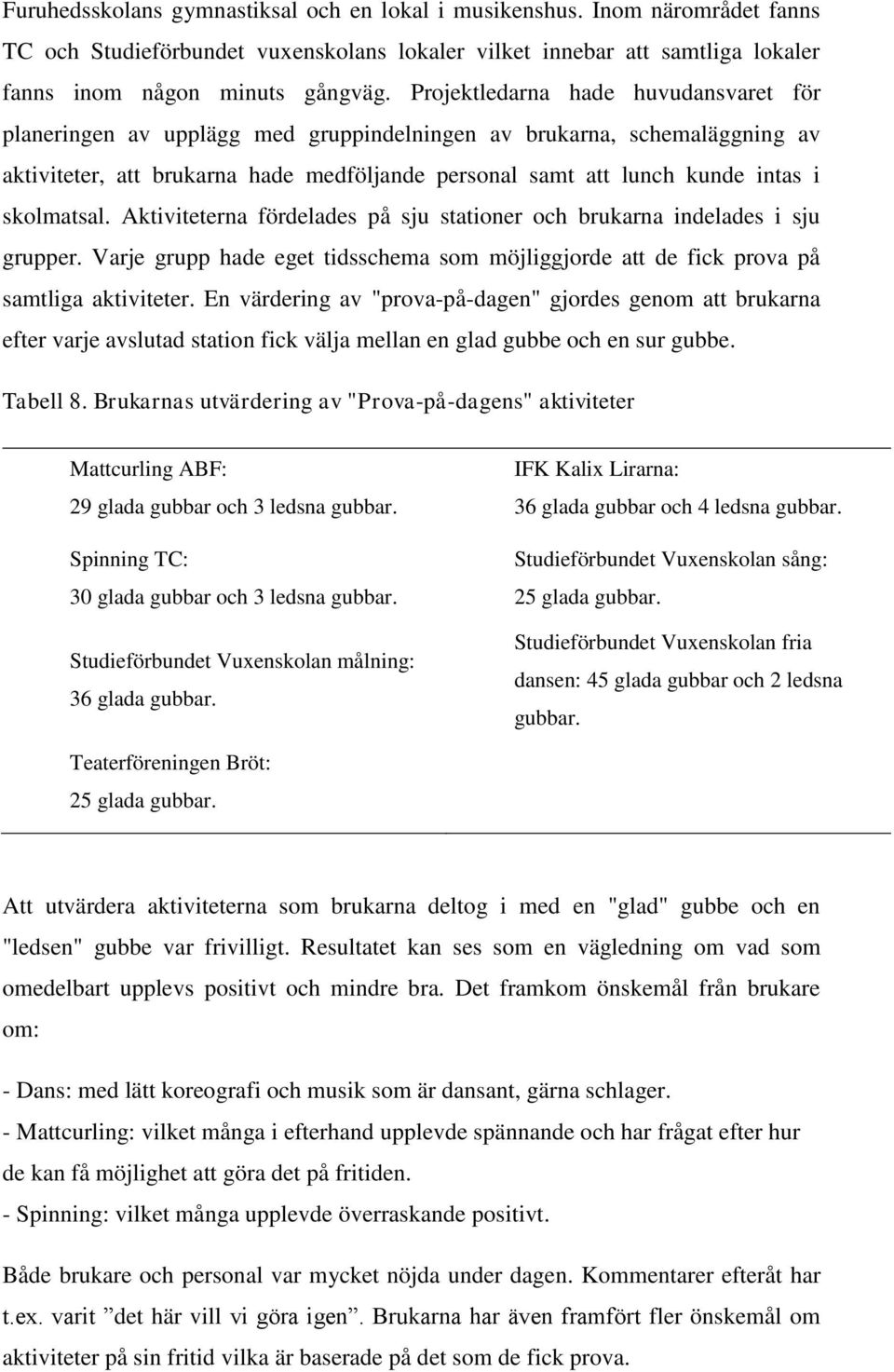 skolmatsal. Aktiviteterna fördelades på sju stationer och brukarna indelades i sju grupper. Varje grupp hade eget tidsschema som möjliggjorde att de fick prova på samtliga aktiviteter.