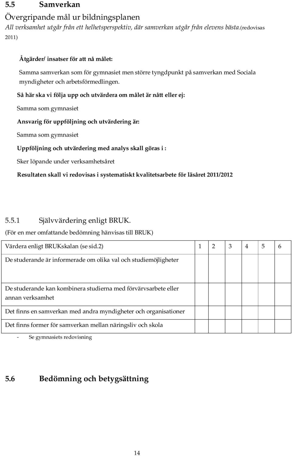 Så här ska vi följa upp och utvärdera om målet är nått eller ej: Samma som gymnasiet Ansvarig för uppföljning och utvärdering är: Samma som gymnasiet Uppföljning och utvärdering med analys skall