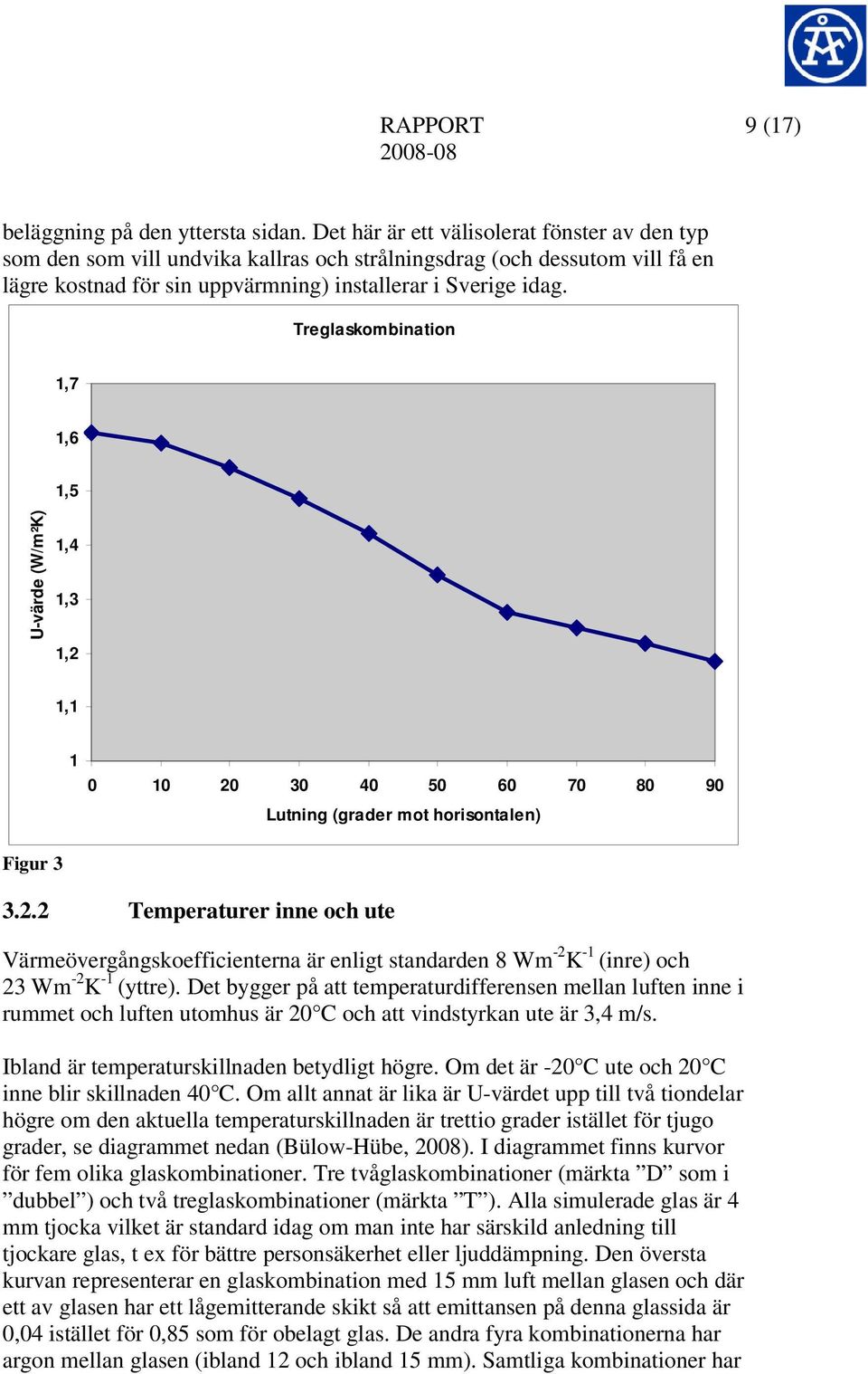 Treglaskombination 1,7 1,6 1,5 U-värde (W/m²K) 1,4 1,3 1,2 1,1 1 0 10 20 30 40 50 60 70 80 90 Lutning (grader mot horisontalen) Figur 3 3.2.2 Temperaturer inne och ute Värmeövergångskoefficienterna är enligt standarden 8 Wm -2 K -1 (inre) och 23 Wm -2 K -1 (yttre).