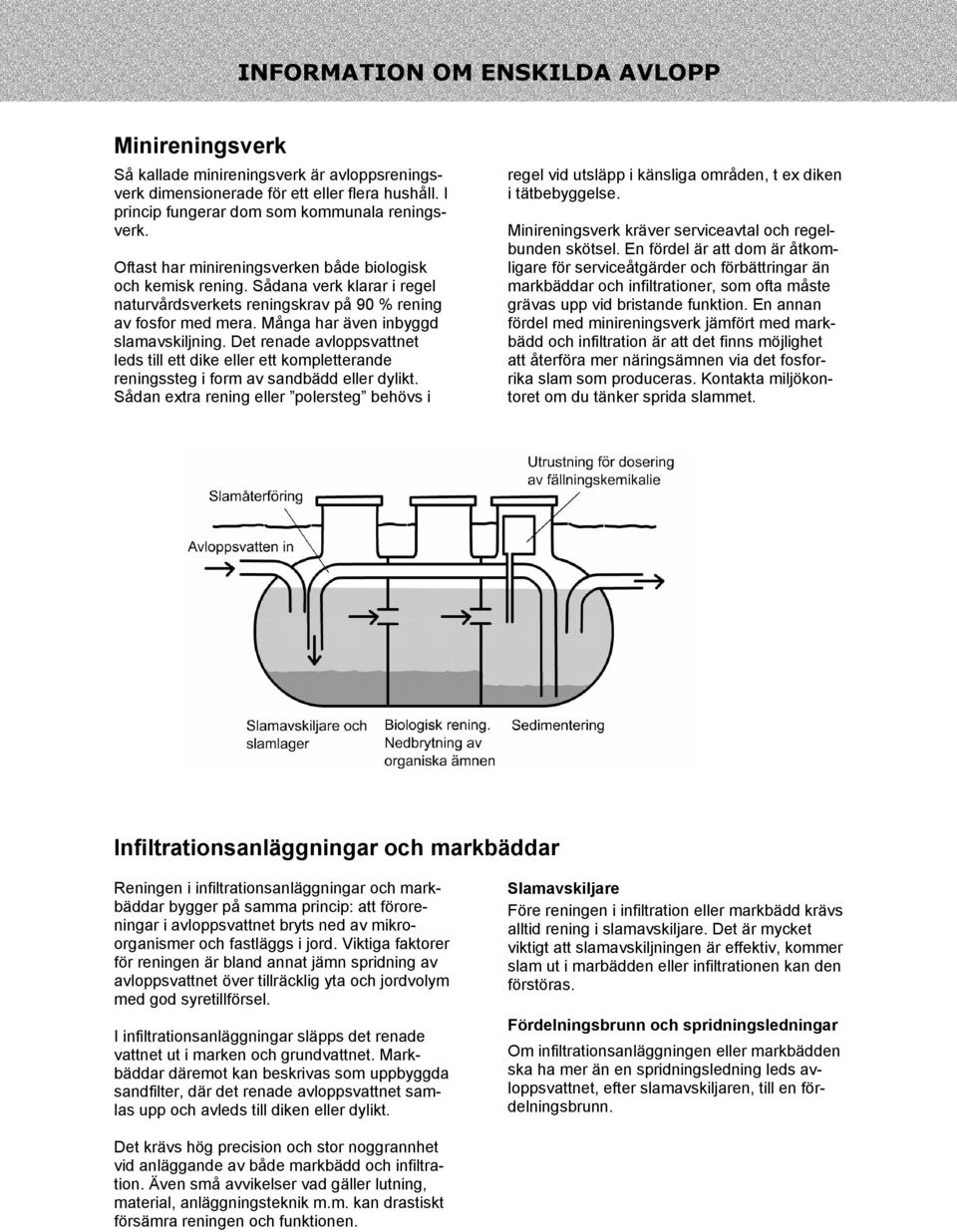 Det renade avloppsvattnet leds till ett dike eller ett kompletterande reningssteg i form av sandbädd eller dylikt.