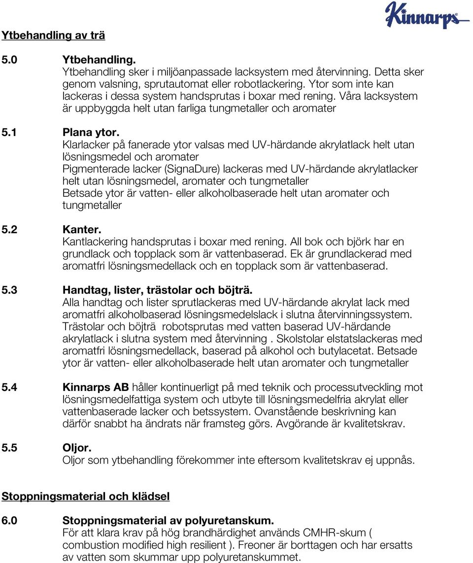 Klarlacker på fanerade ytor valsas med UV-härdande akrylatlack helt utan lösningsmedel och aromater Pigmenterade lacker (SignaDure) lackeras med UV-härdande akrylatlacker helt utan lösningsmedel,