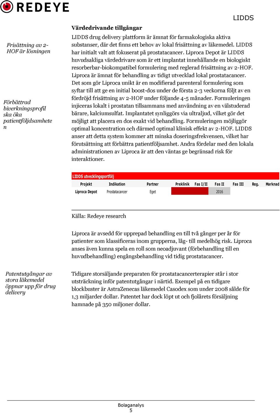 Liproca Depot är LIDDS huvudsakliga värdedrivare som är ett implantat innehållande en biologiskt resorberbar-biokompatibel formulering med reglerad frisättning av 2-HOF.