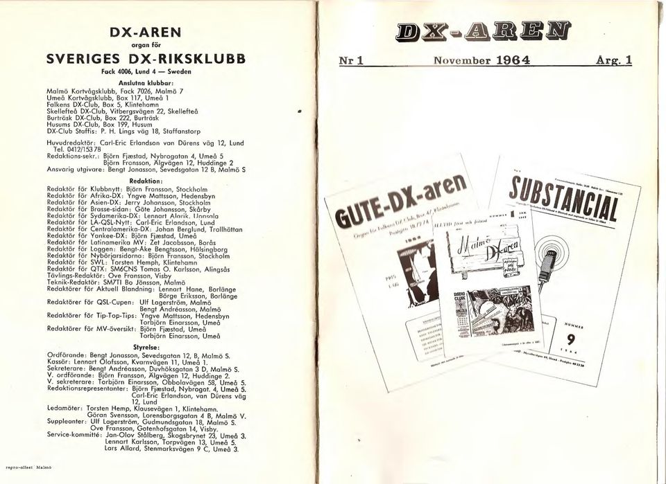 Box 222, Burträsk Husums DX-Ciub, Box 199, Husum DX-Ciub Staffis: P. H. lings väg 18, Staffonstorp Huvudredaktör: Carl-Eric Erlandson von Durens väg 12, Lund T el. 0412/ 153 78 Redaktions-sekr.