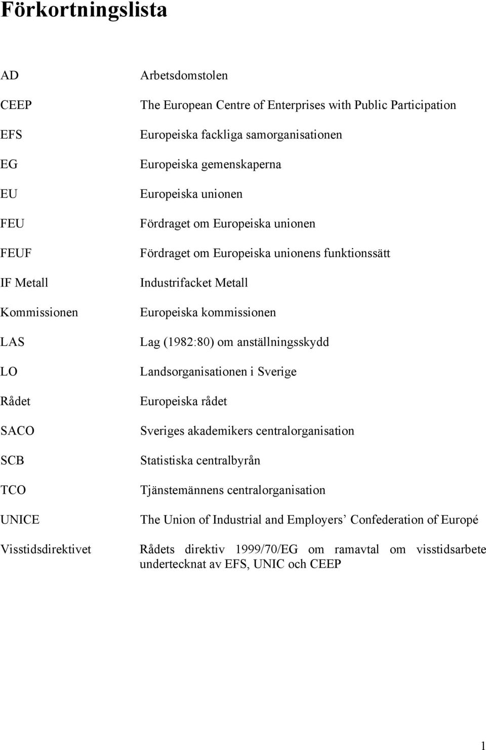 Industrifacket Metall Europeiska kommissionen Lag (1982:80) om anställningsskydd Landsorganisationen i Sverige Europeiska rådet Sveriges akademikers centralorganisation Statistiska