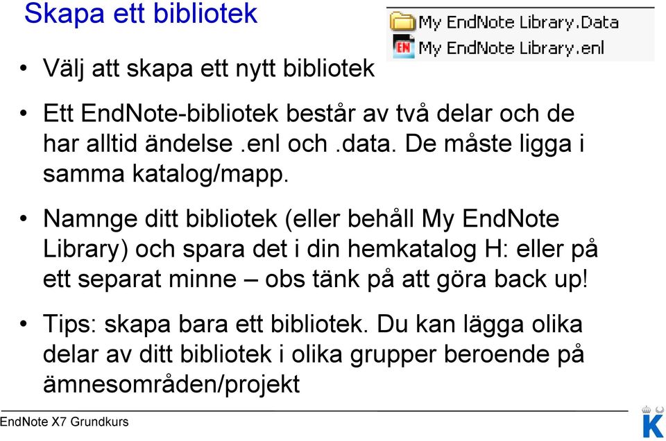 Namnge ditt bibliotek (eller behåll My EndNote Library) och spara det i din hemkatalog H: eller på ett separat