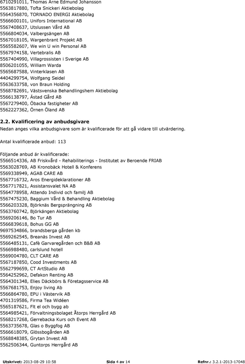 Vinterklasen AB 4404299754, Wolfgang Seidel 5563633758, von Braun Holding 5568782691, Västsvenska Behandlingshem Aktiebolag 5566138797, Ästad Gård AB 5567279400, Öbacka fastigheter AB 5562227362,
