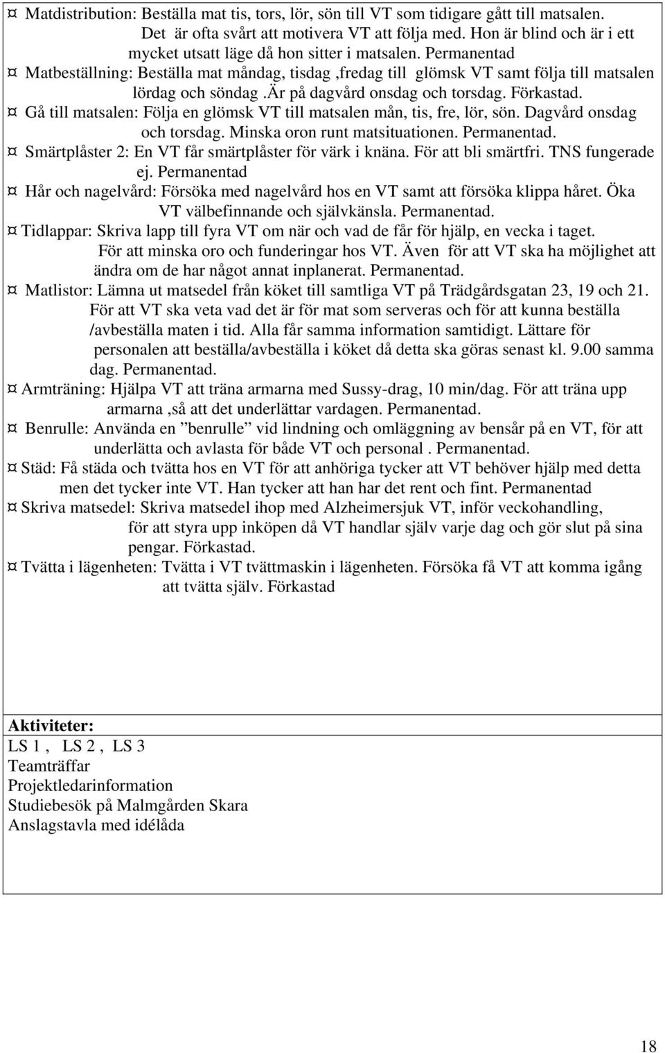 är på dagvård onsdag och torsdag. Förkastad. Gå till matsalen: Följa en glömsk VT till matsalen mån, tis, fre, lör, sön. Dagvård onsdag och torsdag. Minska oron runt matsituationen. Permanentad.