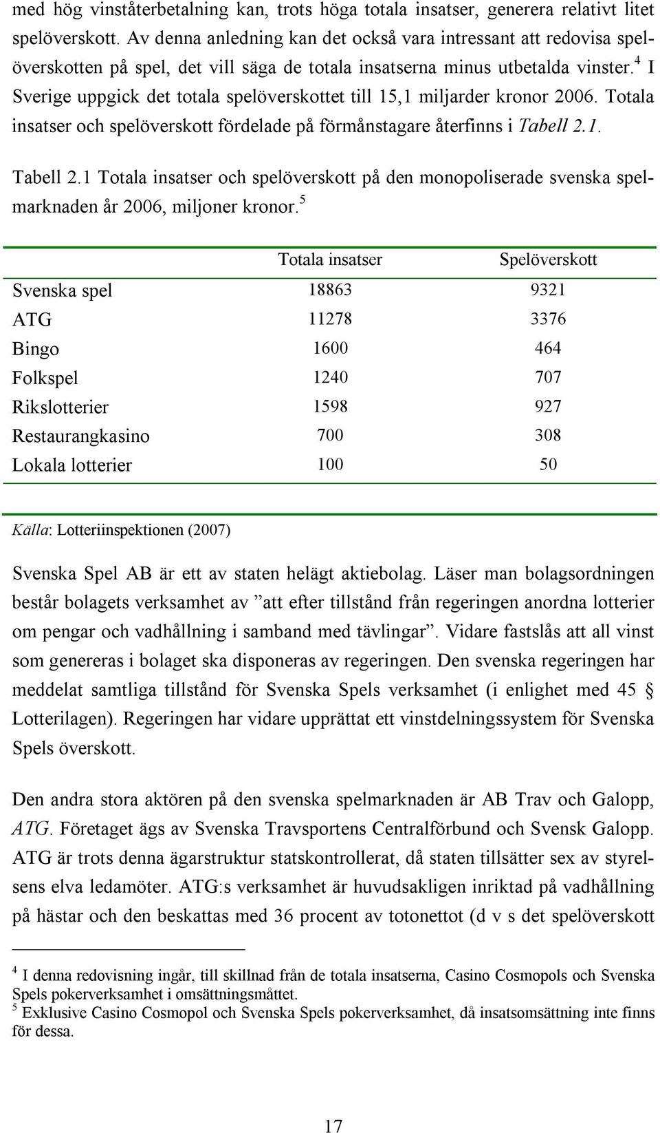 4 I Sverige uppgick det totala spelöverskottet till 15,1 miljarder kronor 2006. Totala insatser och spelöverskott fördelade på förmånstagare återfinns i Tabell 2.